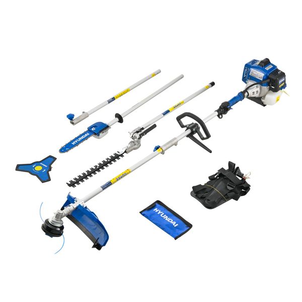 Hyundai 56cc Petrol Multi Tool 5-in-1 – Grass Trimmer, Brushcutter, Hedge Trimmer & Pole Saw Attachments, Split Shaft Design, Harness Included, Heavy Duty Garden System