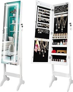 Standing Mirror Jewelry Cabinet with LED Light – Full Length Mirror with Ample Storage for Earrings, Necklaces, Rings, and Lipsticks