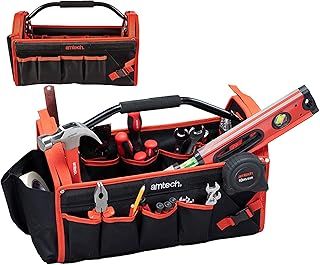 Amtech - Tool Tote Bag, Open Tote Tool Bag with 19 Pockets for Electricians, Technicians, Plumbers, and More, Heavy Duty and Waterproof, Cushioned Handle, Detachable Shoulder Strap (18”)