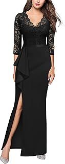 MISSMAY Women's Vintage Floral Lace Ruffle 3/4 Sleeves Evening Party Formal Long Dress