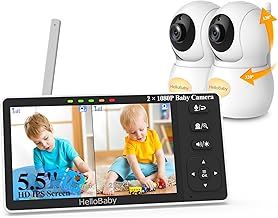 HelloBaby Baby Monitor 2 Cameras with 1080P Baby Camera, 5.5’’ Split-Screen Baby Monitor with Camera and Night Vision, No WiFi, Pan-Tilt-Zoom,Night Light,1000ft Range,Two-Way Audio,Temperature Display