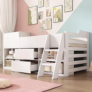 Merax 3FT Single Kids Bed Frame, Wooden Storage Toddler Bed, Cabin Bed with Drawers, Shelf, Ladder, Mid Sleeper, Ideal for Children’s Room, 90x190 cm, White