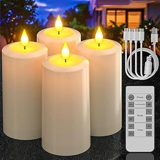 PChero Rechargeable Candles with Remote Control, 4 Pack LED Battery Electric Flameless Pillar Candles Flickering Outdoor Waterproof for Halloween Christmas Home Garden Patio Camping Decorations