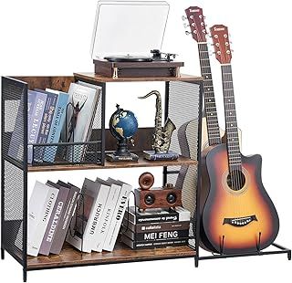 VEVOR 3-Tier Record Player Stand with Guitar Holder, Turntable Stand with Storage Holds Up to 300 Albums, Vinyl Record Cabinet with Metal Mesh Frame for Living Room, Bedroom, Black