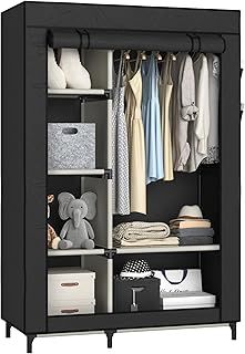 Buzowruil Canvas Wardrobe Portable Closet Wardrobe Clothes Storage with 6 Shelves and Hanging Rail,Non-Woven Fabric, Quick and Easy Assembly,Black