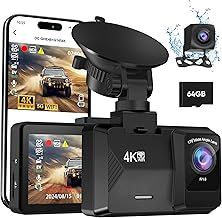 Dash Cam Front and Rear Built-in 5GHz WiFi, 4K+1080P Dual Dash Camera for Cars with 64GB SD Card, 2.0" Display Dashcam, 24H Parking Mode, App Control, Super Night Vision, Support Max 256GB