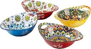 Large Salad Bowls, 19 Oz Porcelain Pasta Serving Bowl Set of 4, Bowls with Handles for Pasta, Salad, Soup, Oatmeal, Bohemian Pattern