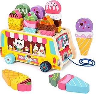 Wooden Ice Cream Toy Trolley with Movable Wheels 27 Pieces Magnetic Ice Cream Value Shop Role Sorting Game, Stacking Toys for 3 4 5 6 Year Children