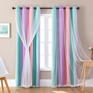 XiDi Blackout Curtains - Stars Cutout Curtains for Bedroom Nursery Girls Kids Living Room Rainbow Drapery with Eyelet for Windows, 2 Panels W34xL63 Inch Pink Purple Green Draperies