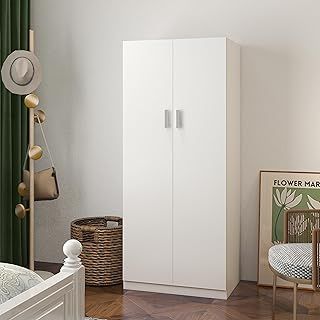 Wooden 2 Door Wardrobe with Shelf and Hanging Rail Modern Clothes Storage Cupboards Unit for Bedroom Furniture W 72 x D 49 x H 169 cm (White)
