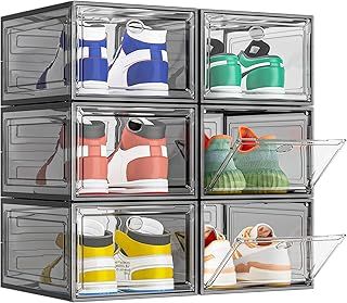 Shoe Storage Box, 6 Pcs Shoe Box Clear Plastic Stackable, Sturdy Foldable Shoe Organizer Containers with Magnetic Door for Women/Men, Black