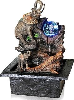 Indoor Water Features with LED Lights - Elephant and Glass Ball Design - Easy Assembly, Mains Powered, Table Top - Suitable Indoor Water Fountain for Home Decor and Office Desks