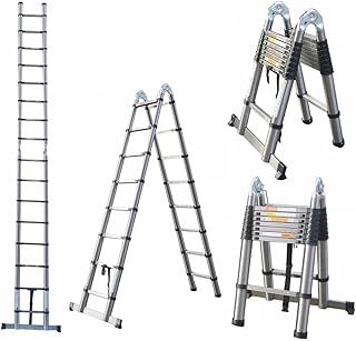 Stainless Steel 16.5FT Portable Telescopic Ladder - 5M Extendable Folding A-Frame Ladder with Anti-Slip Stabilizer Bar - Heavy Duty