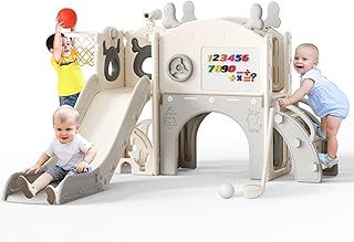 Christmas elk Slide,11 in 1 Toddler Slide,with Basketball Hoop,Basketball,Garden Climbing Frame,Telescope,Storage,Crawling Arch,Golf,Artboard,Extra Long Slide 1570mm（Beige-Gray）