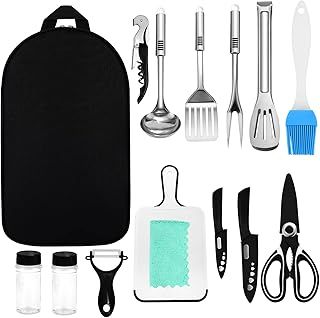 Portable Camping Cooking Utensils Set - 15Pcs Stainless Steel Outdoor Camping Kitchen Utensils Organizer Kit for Travel, Picnics, RVs, BBQs, Hiking