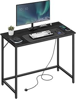 VASAGLE Computer Desk with LED Lights and Built-In Power Outlets, Gaming Desk, Office Desk, 50 x 100 x 76 cm, Space-Saving, for Study, Home Office, Bedroom, Ebony Black and Ink Black LWD141B92