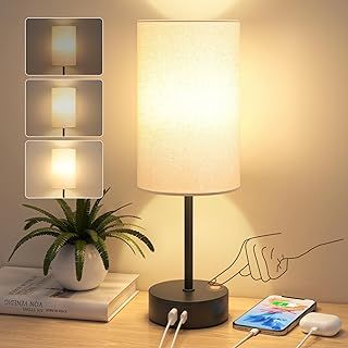 Bedside Lamp, Touch Lamp Bedside with USB A+C Charging Ports, 3-Way Dimmable LED, Table Lamp for Living Room Bedroom Gift with Beige Shade-Black Base (LED Bulb Included)