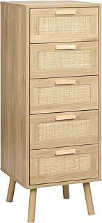 Finnhomy Rattan Chest of Drawers Bedroom, Tall Chester Drawers with 5 Hand Made Rattan Decorated Drawers for Bedroom, Small Bedside Cabinet with Wood Legs, Natural