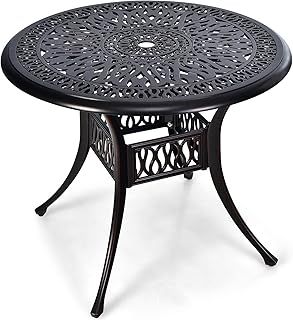 COSTWAY Garden Dining Table, Cast Aluminum Patio Bistro Table with Umbrella Hole, All-Weather Outdoor Conversation Side Table for Balcony, Backyard and Poolside, Antique Bronze (Round-90 x 90cm)