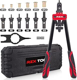 14" Rivet Tool Professional Rivet Tool Kit with M3 M4 M5 M6 M8 M10 Metric 6 Mandrels and 60 Nuts, Effort Limit Design, with Heavy Duty Carrying Case