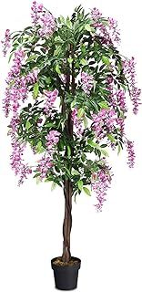 COSTWAY 150CM/180CM Ficus Artificial Tree, Fake Wisteria Trees in Nursery Pot, Indoor Outdoor Greenery Tall Faux Floor Plant for Living Room Office Decor (1, 180CM, Green+Rose)