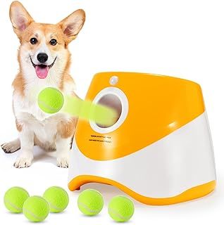 Automatic Dog Ball Launcher, Puppy Ball Thrower Machine with 10-30 Ft Launch Distance, Interactive Dog Toys for Small Dogs Indoor & Outdoor, Included 12 Mini Balls(Orange)