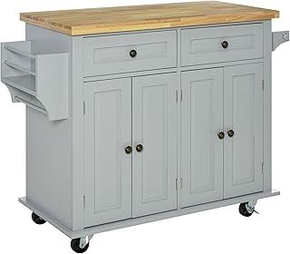 HOMCOM Rolling Kitchen Island Storage Trolley with Rubber Wood Top & Drawers for Dining Room, Grey
