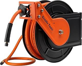 Giraffe Tools Retractable Air Line Reel 15m+1m, Wall Mounted Air Hose Reel 3/8" Hybrid Hose, Pneumatic Heavy Duty Steel Reel with 1/4" Quick Coupler