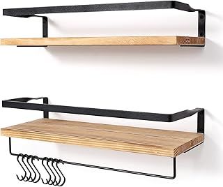 AGM Floating Shelves Wall Mounted Shelf, Wooden Wall Shelves Racking Set of 2 for Bedroom, Bathroom, Living Room, Kitchen Storage w/ 1 Towel Bar and 8 S Hooks, Max Load 33lbs