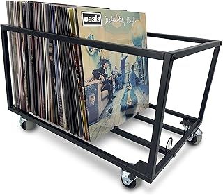 Vinyl Record Storage Holder With Wheels - Holds up to 100 LP - Album Holder Display Stand - Vinyl Record LP Storage organizer - Sturdy Metal Structure - Smooth Black