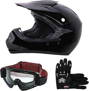 ZOR-X15 Black M (51-52cm) Youth Kids Children Motocross Motorbike Helmet & Gloves M(6cm) & Goggles - Junior Dirt Bike Off Road Motorcycle Crash Helmet ECE 2206