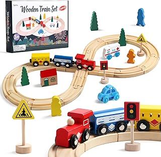 Wooden Train Set Wooden Toys Toddler Toys Train Track 33 Pcs Compatible Train Toy Car Magnetic Kids Toys Birthday Toys for 3 4 5 Year Old Boys Girls Gifts