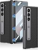 Miimall for Samsung Galaxy Z Fold 6 Case Slim, [Hinge Proetction] [Built-in Tempered Glass Screen Protector] [Kickstand], PU Leather Shockproof 360°Full Case for Galaxy Z Fold 6-Carbon Fibre