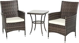 Outsunny 3 Pieces Rattan Bistro Set, Wicker Garden Furniture Set with 2-Tier Coffee Table and Chairs, Cushions, for Outdoor Patio Balcony, Brown