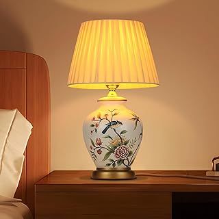 Table Lamp Retro Ceramic, Living Room Bedside Lamp Vintage Bedroom Warm Fabric Reading Book Light Desk Lamp Modern Style E27 Night Lamp