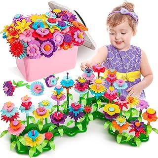 Fivejoy Flower Garden Building Toys for 3 Year Old Girls Boys,134pcs Flower Building Toy - Floral Arrangement Playset With Suitcase, Flower Building Blocks Set