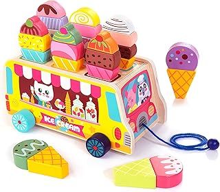 Ice Cream Truck, 28 pcs Magnetic Ice Cream Toys, Wooden Pull Toy, Montessori Pretend Play Food, Multi-color, Age 2-5