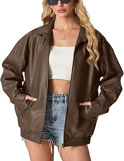 GRECERELLE Faux Leather Jacket Women with Zip Pockets Women's Jackets Long Sleeves Zip Up Motorcycle Jacket Bomber Jacket Womens Coat