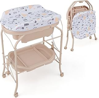 GYMAX Folding Baby Changing Table with Bathtub, Portable Newborn Bath Table and Dresser Unit with PVC Pad, Storage Tray and Wheels, Infant Diaper Changing Station (Beige)