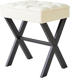 Square Makeup Stool with X-Leg Foot Rest, PU Footrest, Ottoman Seat Vanity Stool, Multi-Use as Small Side Table, for Bedroom, Living Room, White L/G-71W