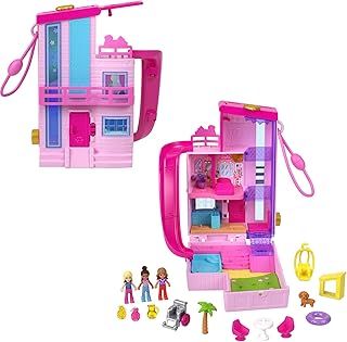 Polly Pocket Barbie Dreamhouse Compact, Dollhouse Playset with 3 Micro Dolls, 1 Puppy, 11 Accessories, Elevator & Pool, HWP11