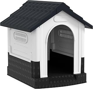 PawHut Dog Kennel for Outside, Plastic Dog House, Water-Resistant Pet Shelter with Windows, for Garden Patio, Miniature Dogs, 64.5 x 57 x 66cm - Grey
