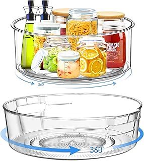 2 Pack Lazy Susan Turntable Cupboard Organiser 28*8.6cm and 24*8.6cm Revolving Condiment Holder Plastic Rotating Spice Rack Multifunctional Kitchen Storage for Cupboard Fridge Table Pantry Clear1