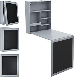 CASART Wall Mounted Computer Desk, Folding Convertible Wall Table with Blackboard & Storage Shelves, Multifunctional Floating Laptop Desk Workstation for Home & Office (Grey)