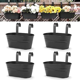 OGIMA 4pcs Large Hanging Flower Pots, Metal Iron Wall Planter Indoor/Outdoor for Railing Fence Balcony Garden Home Decoration with Detachable Hooks, 4x Black