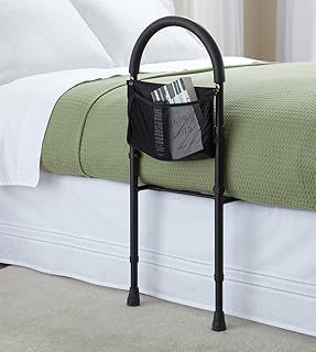 Safety bed rail mobility aid adjustable in height with useful storage pocket