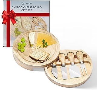 CUQOO Bamboo Cheese Board Set – Charcuterie Board with 3 Stainless Steel Knives & Fork, Serving Platter with Compartment for Meats, Cheese, and Fruits | Perfect for Parties & Gifts