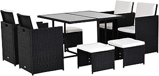 Outsunny 8 Seater Rattan Cube Garden Furniture Set, Rattan Dining Set with Cushions, Outdoor Dining Table and Chairs with 4 Armchairs, 4 Stools, Square Glass Top Table, Black
