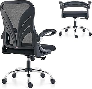 HOLLUDLE Ergonomic Office Chair with Foldable Backrest, Computer Desk Chair with Flip-up Armrests, Mesh Lumbar Support and Tilt Function Big and Tall Office Chair, Black