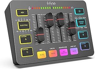 FIFINE Gaming Audio Mixer for Streaming, RGB PC Audio Interface, DJ Mixer with XLR Microphone Interface Volume Fader Individual Channel Design, Customized Soundboard for Podcast, Recording, Vocal-SC3